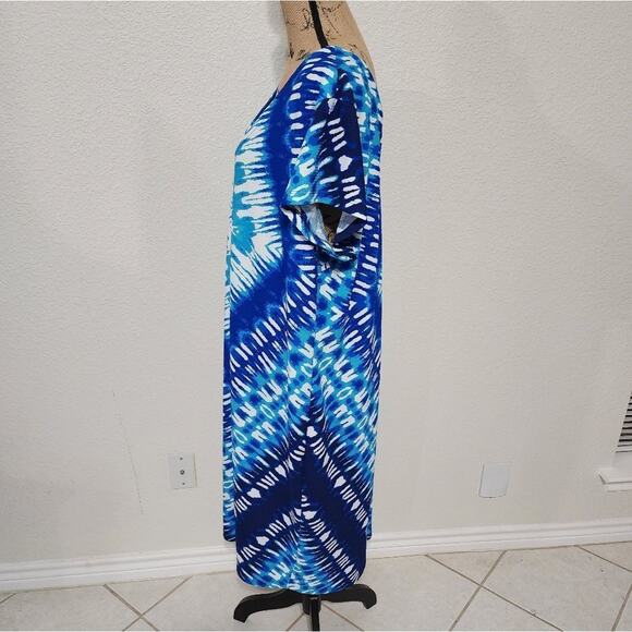 Ashley Stuart Blue Diamond Tie Dye V Neck Caftan Dress Cover Up Resort Cruise - Picture 5 of 8